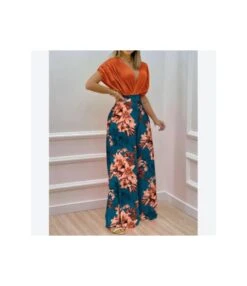Floral Printed Dolman Sleeve Deep-V Bodysuits & Wide-Leg Pants Wholesale Womens 2 Piece Sets SON532248