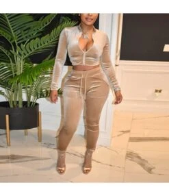 Velvet Zip Top & Drawstring Pants Solid Color Womens 2 Piece Sets Wholesale Workout Clothes SO203907