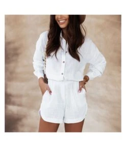 Women Lapel Collar Long Sleeve Button Down Cotton Linen Shirts And Shorts Wholesale Two Piece Sets SJN580588