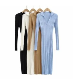 Bodycon Slit Full Sleeve Solid Ribbed Midi Dress SD080009
