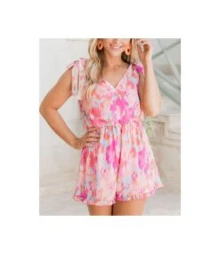 Sleeveless Floral Print Tie V-Neck Playssuits Wholesale Women'S Clothing N4623051900026