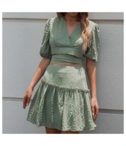 Sexy V-Neck Short-Sleeved Crop Tops & Mini A-Line Skirt Splicing Solid Color Wholesale Womens 2 Piece Sets SON561522