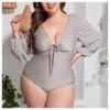 Sexy Deep V-Neck Lace-Up Bikini Bodysuits Solid Color Long Sleeveless Wholesale Plus Size Clothing SSN560784