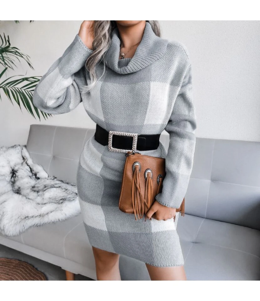 Turtle Neck Plaid Knitted Dress Wholesale Without Belt SD160394 9 Turtle Neck Plaid Knitted Dress Wholesale Without Belt SD160394 - Image 7