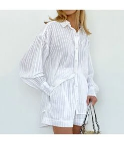 Jacquard Striped Long Sleeve Shirt & Shorts Casual Suit Wholesale Women'S 2 Piece Sets SON536441