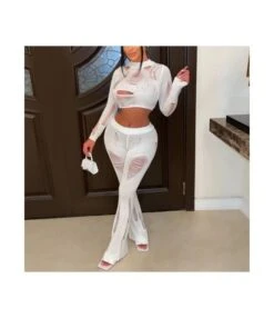 Sexy Cutout Ripped Long Sleeve Tops & Slim Fit Trousers Knit Suits Wholesale Women'S 2 Piece Sets SON537878
