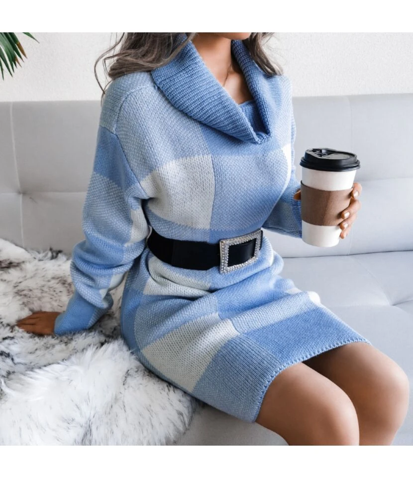 Turtle Neck Plaid Knitted Dress Wholesale Without Belt SD160394 14 Turtle Neck Plaid Knitted Dress Wholesale Without Belt SD160394 - Image 12