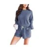 Solid Color Crew Neck Pullover Long Sleeve Sweatshirt Shorts Wholesale Womens 2 Piece Sets N3823103000045