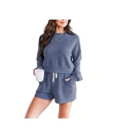 Solid Color Crew Neck Pullover Long Sleeve Sweatshirt Shorts Wholesale Womens 2 Piece Sets N3823103000045