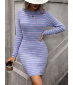 Stylish Inter-Colour Striped Round Neck Mid-Length Knitted Dress Wholesale Dresses N5923082600024