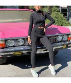 Casual Sports Slim-Fit Solid Long-Sleeved Trousers Two-Piece Set Wholesale Women Clothes SOV463675