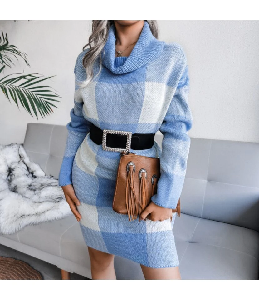 Turtle Neck Plaid Knitted Dress Wholesale Without Belt SD160394 12 Turtle Neck Plaid Knitted Dress Wholesale Without Belt SD160394 - Image 10