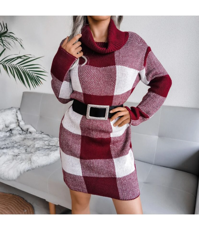 Turtle Neck Plaid Knitted Dress Wholesale Without Belt SD160394 7 Turtle Neck Plaid Knitted Dress Wholesale Without Belt SD160394 - Image 5