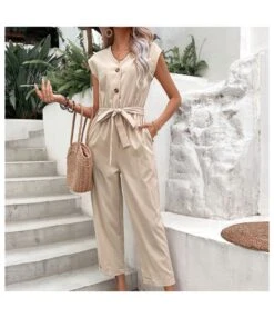 Button-Down Sleeveless V-Neck Commuter Cropped Jumpsuit Wholesale Women'S Clothing N461823031400054