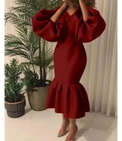 Fashion Solid Color V-Neck Bubble Long Sleeve Fishtail Dress Wholesale Dresses V5923050500012 -NIKA Clothing Shop O1CN011aQoW226UcUd50uMI 4225457665 0 cib 8