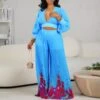V-Neck Chiffon Lantern Sleeves Pleated Wide-Leg Trousers Wholesale Womens 2 Piece Sets N3823101700041