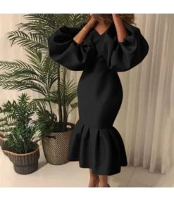 Fashion Solid Color V-Neck Bubble Long Sleeve Fishtail Dress Wholesale Dresses V5923050500012 -NIKA Clothing Shop O1CN013Om1k026Ucc8mwLiI 4225457665 0 cib 8