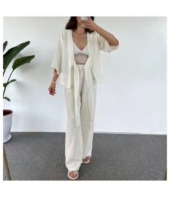 Casual Loose Plain Tie Three-Quarter Sleeve Cardigan Trousers Two-Piece Set Wholesale Womens Clothing N4623062100008