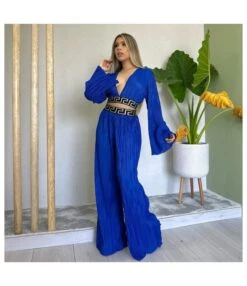 Casual Pleated V-Neck Bell-Sleeved Shirt And Wide-Leg Pants Wholesale Womens 2 Piece Sets N3823100900062