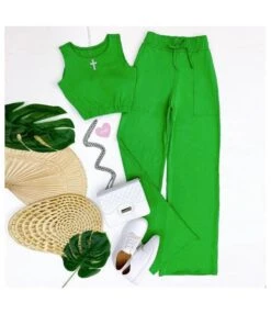 Solid Color Short Vest Drawstring High Waist Straight Pants Wholesale Womens 2 Piece Sets N3823100900070