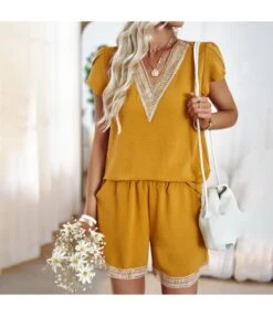 Contrasting Color Short-Sleeved Shorts Casual Two-Piece Suit Wholesale Women'S Clothing N4623041900025
