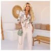 Stylish Floral Bow Tie Long Sleeve Shirt Wide Leg Pants Wholesale Womens 2 Piece Sets N3823100900068