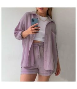Women's Two-Piece Sets Lapel Shirt High-Waisted Drawstring Shorts Wholesale Womens Clothing N3823100900069 -NIKA Clothing Shop O1CN01HvtCPS2E44dtw0K5y 2212407388690 0 cib 5