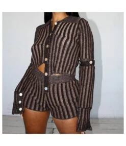 Sexy Single-Breasted Striped Knit Top And Shorts Set Wholesale Women'S 2 Piece Sets V5923051300005