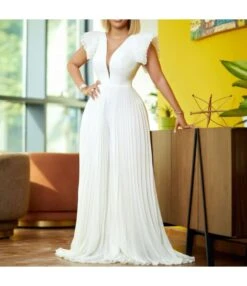 Fly Sleeve Pressed Pleated Patchwork Deep V-Neck Floor-Length Jumpsuit Wholesale Jumpsuits N5323032800169