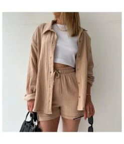 Women's Two-Piece Sets Lapel Shirt High-Waisted Drawstring Shorts Wholesale Womens Clothing N3823100900069 -NIKA Clothing Shop O1CN01WBrKBE2E44bPxDxlj 2212407388690 0 cib 5