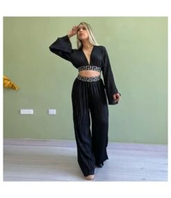 Casual Pleated V-Neck Bell-Sleeved Shirt And Wide-Leg Pants Wholesale Womens 2 Piece Sets N3823100900062 -NIKA Clothing Shop O1CN01WQkbfg2E44gbyaKjV 2212407388690 0 cib 5