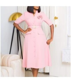 Elegant Solid Color V-Neck Button Down Dress With Belt And Corsage Wholesale Dresses N5923080800064 -NIKA Clothing Shop O1CN01eMUOze26Uci1UX2YN 4225457665 0 cib 6