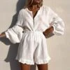 Simple Lantern Sleeve Shirt Shorts Solid Color Ruffled Suit Wholesale Womens Clothing N4623070600053