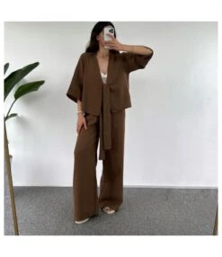 Casual Loose Plain Tie Three-Quarter Sleeve Cardigan Trousers Two-Piece Set Wholesale Womens Clothing N4623062100008 -NIKA Clothing Shop O1CN01jMM9sr1xSUImvI4da 2215360366442 0 cib 4