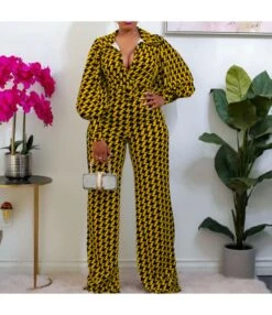 Houndstooth Loose Stretch V-Neck Straight High Waist Wholesale Women's Jumpsuits And Rompers N3823101700017