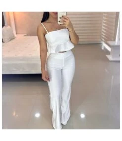 Fashionable Solid Color Ruffled Hem Cami Tops And High-Waisted Trousers Wholesale Womens 2 Piece Sets N3823100900074 -NIKA Clothing Shop O1CN01ns16V42E44bYyKiG3 2212407388690 0 cib 5