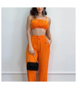Sexy Solid Color Sleeveless Waistless Halter Pleated Top And Pants Set Wholesale Women'S 2 Piece Sets V5923042700068