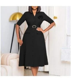 Elegant Solid Color V-Neck Button Down Dress With Belt And Corsage Wholesale Dresses N5923080800064 -NIKA Clothing Shop O1CN01ukBqB926Uci13CQif 4225457665 0 cib 6