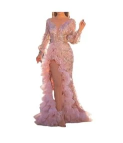 Sexy Mesh Trailing Sequins Split Evening Gowns Wholesale Dresses N5923081800023