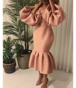 Fashion Solid Color V-Neck Bubble Long Sleeve Fishtail Dress Wholesale Dresses V5923050500012