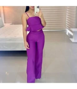 Fashionable Solid Color Ruffled Hem Cami Tops And High-Waisted Trousers Wholesale Womens 2 Piece Sets N3823100900074