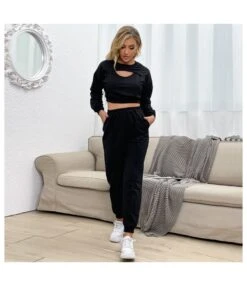2 Pieces Black Cut Out Top And Pants Wholesale Womens Activewear Outfits SO030520