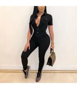 Women'S Lapel Button Short Sleeve Siamese Trousers Wholesale Jumpsuits SJN535113786