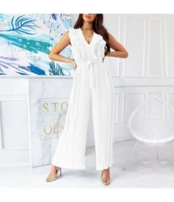 Women Sleeveless V Neck Ruffle Hem Pleated Wholesale Jumpsuits SJN580414