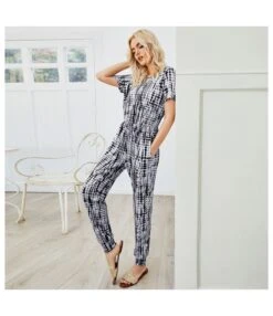 Women Fashion Tie Dye Short Sleeve Round Neck Tie Waist Wholesale Jumpsuits SJ55502