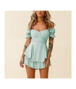Solid Color Off Shoulder Puff Sleeve Sexy Ruffles Tie-Up Tube Top Womens Short Jumpsuits Wholesale Rompers SJN533116