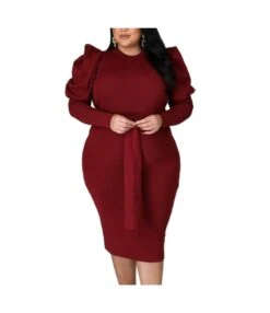 Fashionable Solid Color Long Sleeve Belted Slim Fit Wholesale Plus Size Dress Clothing N3823100900055
