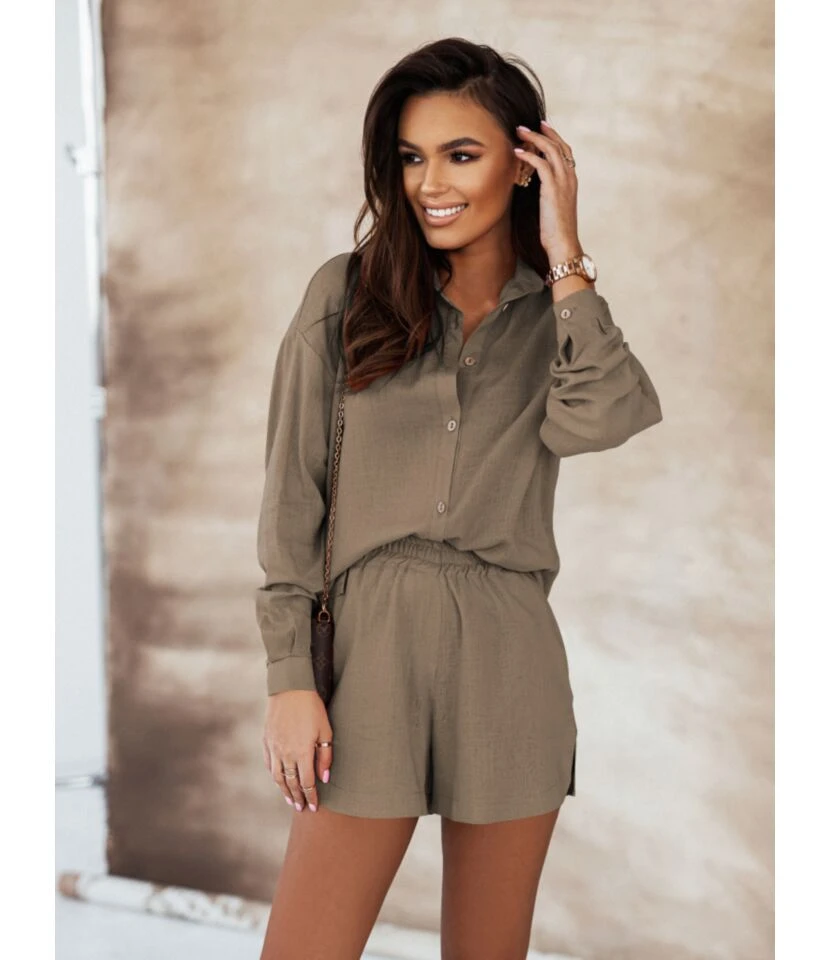 Women Lapel Collar Long Sleeve Button Down Cotton Linen Shirts And Shorts Wholesale Two Piece Sets SJN580588 9 Women Lapel Collar Long Sleeve Button Down Cotton Linen Shirts And Shorts Wholesale Two Piece Sets SJN580588 - Image 7