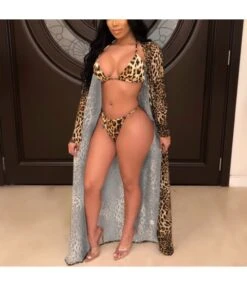 Leopard Print Split Swimsuits Mini Bikini & Long Cardigan Womens 3pcs Sets Swimwear Wholesale Vendors SSN532866