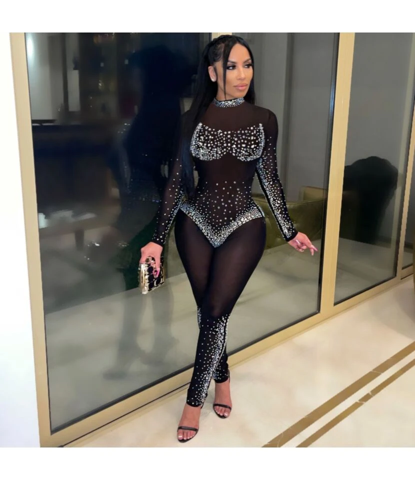 Wholesale Clubwear See-Through Gauze Rhinestones Jumpsuit For Women SJ210062 5 Wholesale Clubwear See-Through Gauze Rhinestones Jumpsuit For Women SJ210062 - Image 3